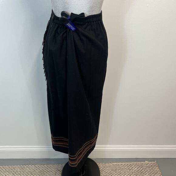 Requirements Long Boho Western Skirt Black Gold Red Fringe Faux Wrap Sz 14 - Picture 8 of 9